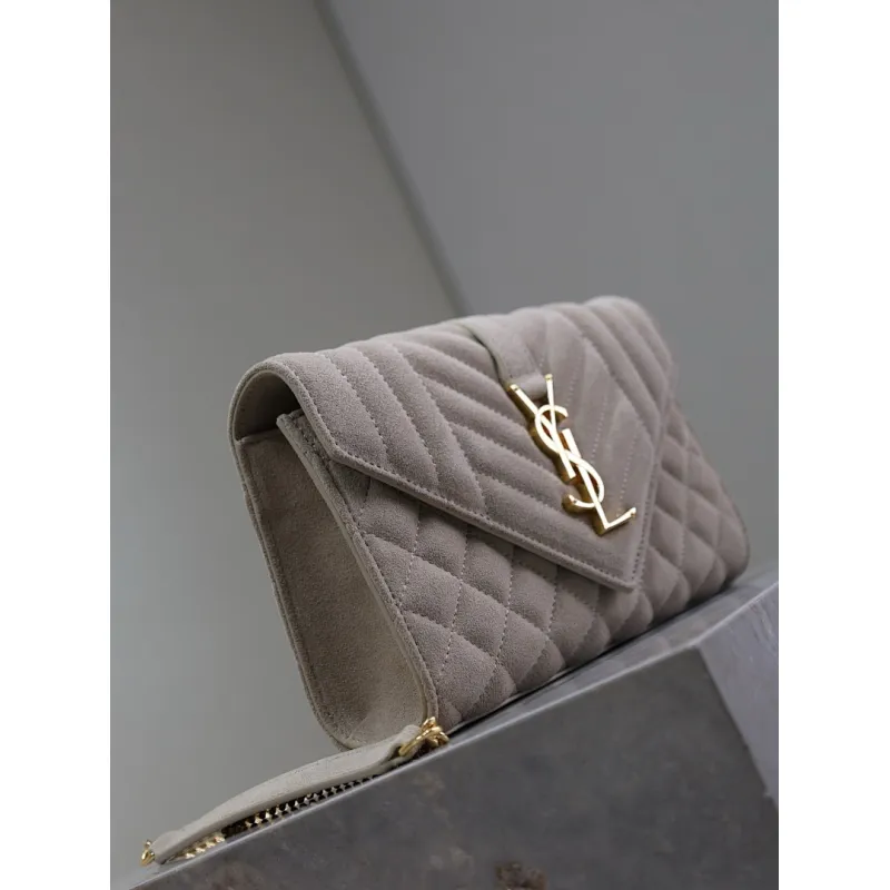 SAINT LAURENT Cassandra Envelope Crossbody Bag Set – Tan Leather-Suede & Black Velvet with Gold YSL Logo (Detachable Chain Strap) #A58774
