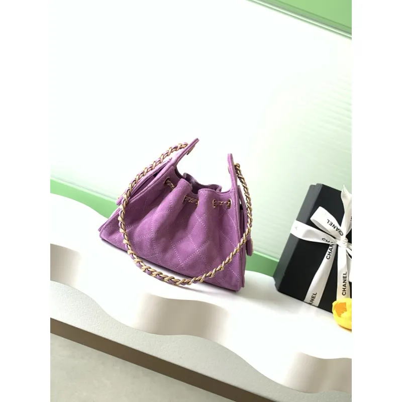 Chanel Mini Suede Bucket Bag  Retro Coin Button  Drawstring  Quilted  Classic Chain #A60143