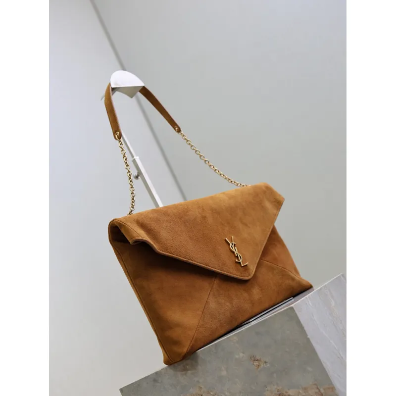 SAINT LAURENT Cassandra Large Envelope Shoulder Bag – Tan Suede with Gold YSL Logo (Detachable Chain Strap) #A58782