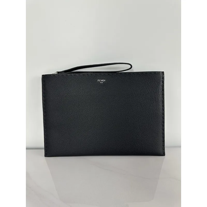 Fendi Pouch Sleek Black Leather Minimalist Logo Redefining Timeless Elegance size:30×20cm #A54204 Fendi Pouch Sleek Black Leather Minimalist Logo Redefining Timeless Elegance size:30×20cm #A54204