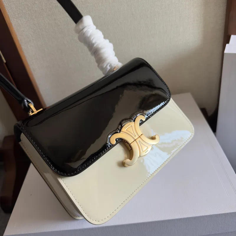 Chic Black Patent Leather Celine Handbag With Signature Gold Hardware For Fashionistas size:18×13×6cm #A54348