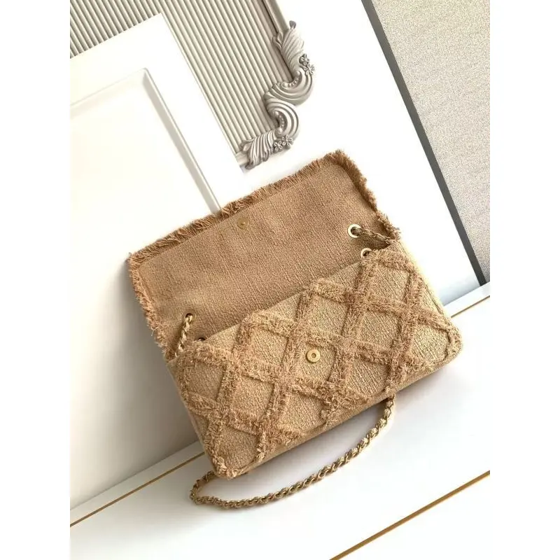 Chanel Womens Evening Bag - Beige Textured Fabric with Fringe Details, Gold-Tone CC Logo & Chain Strap, Luxury Clutch for Elegant Occasions #A56743
