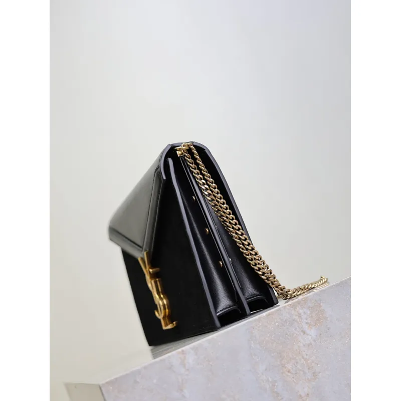 SAINT LAURENT Cassandra Envelope Crossbody Bag Set – Tan Leather-Suede & Black Velvet with Gold YSL Logo (Detachable Chain Strap) #A58773