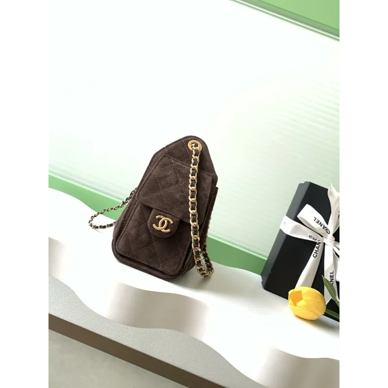 Chanel Mini Suede Bucket Bag  Retro Coin Button  Drawstring  Quilted  Classic Chain #A60143