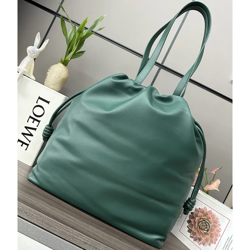 Loewe Green Leather Drawstring Tote Bag With Bold Branding For Chic Everyday Use #A50065