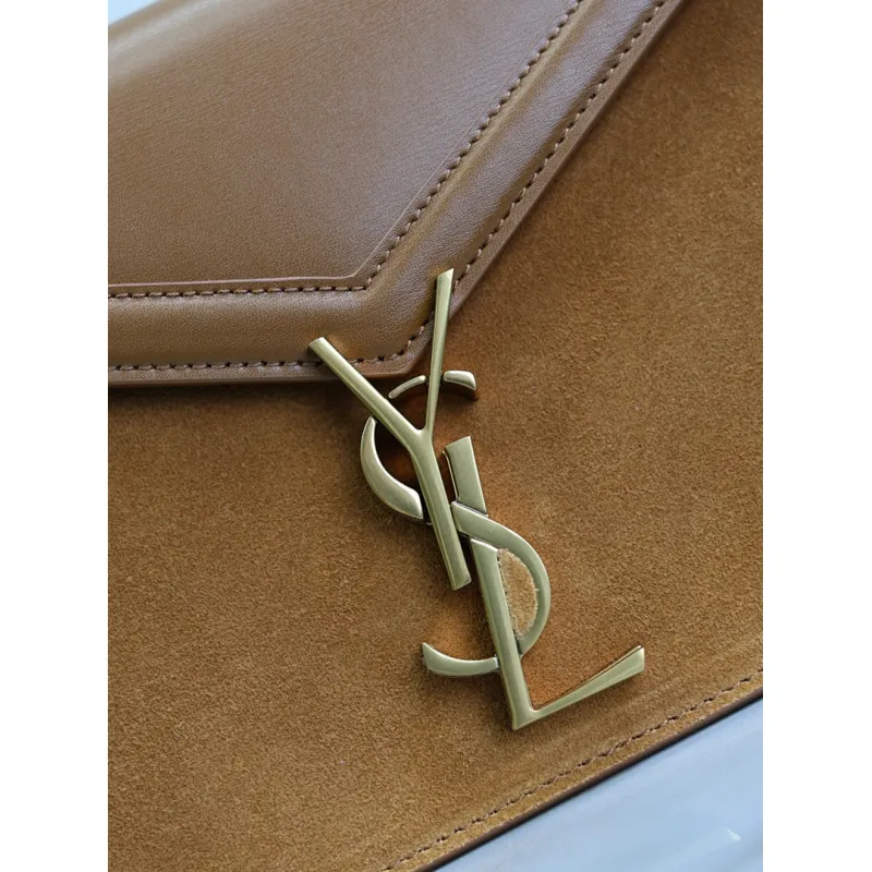 SAINT LAURENT Cassandra Envelope Crossbody Bag Set – Tan Leather-Suede & Black Velvet with Gold YSL Logo (Detachable Chain Strap) #A58773