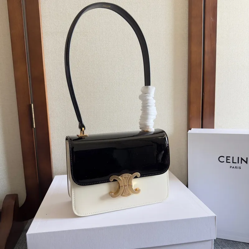 Chic Black Patent Leather Celine Handbag With Signature Gold Hardware For Fashionistas size:18×13×6cm #A54348