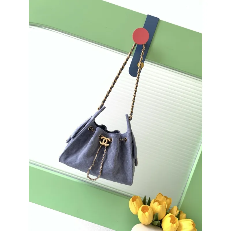 Chanel Hobo Shoulder Bag  Hippie Style Vintage Gold Coin Button Drawstring Bucket Bag #A59440