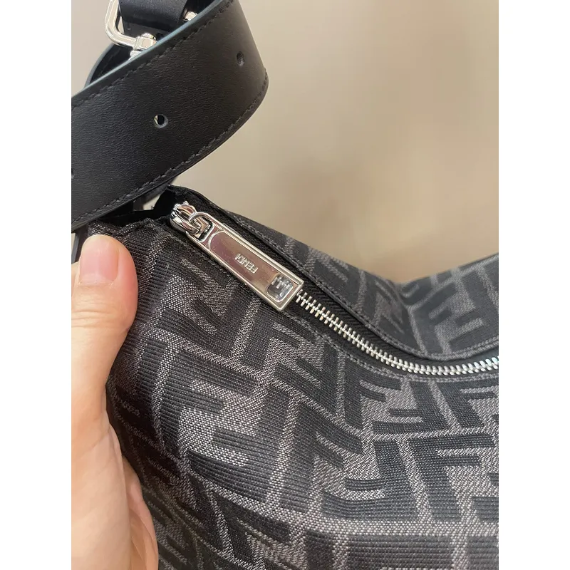 Fendi Brown And Beige FF Logo Jacquard Fabric Shoulder Bag With Leather Trims size:34×22 #A54307 Fendi Brown And Beige FF Logo Jacquard Fabric Shoulder Bag With Leather Trims size:34×22 #A54307