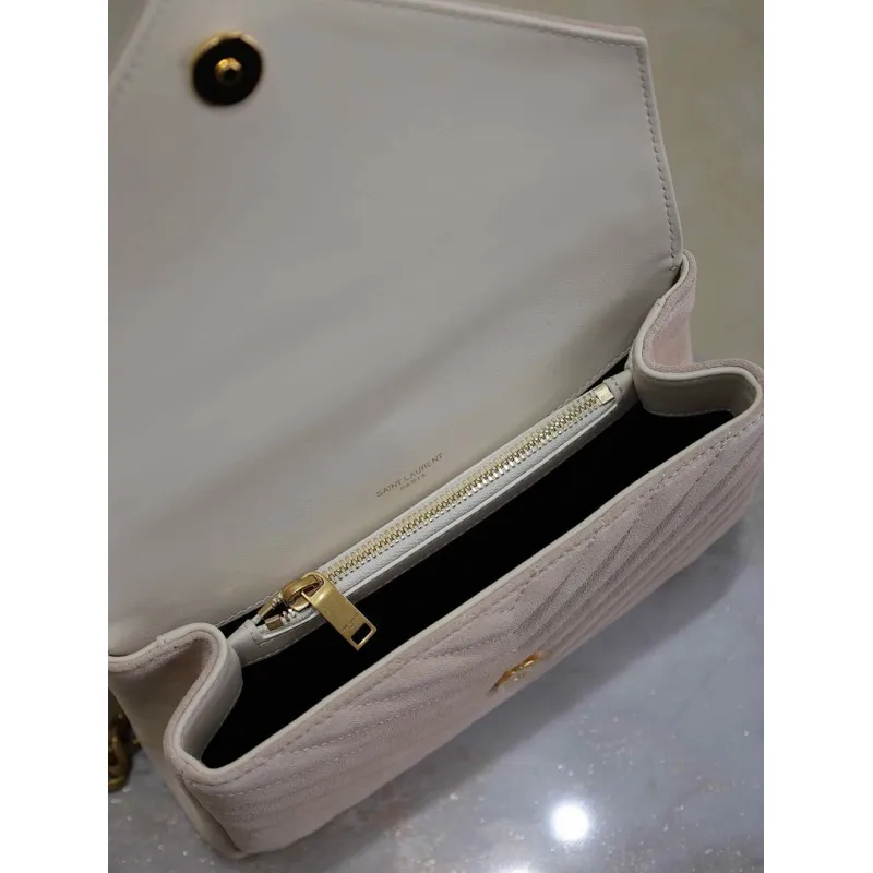 SAINT LAURENT Loulou Small Envelope Crossbody Bag – Blush Suede with Chevron Quilt & Gold YSL Logo (Detachable Chain Strap) #A58780 SAINT LAURENT Loulou Small Envelope Crossbody Bag – Blush Suede with Chevron Quilt & Gold YSL Logo (Detachable Chain Strap) #A58780