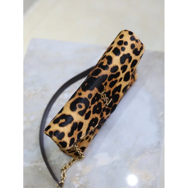 SAINT LAURENT Cassandra Envelope Crossbody Clutch – Leopard-Print Haircalf with Gold YSL Logo (Detachable Chain Strap) #A58783