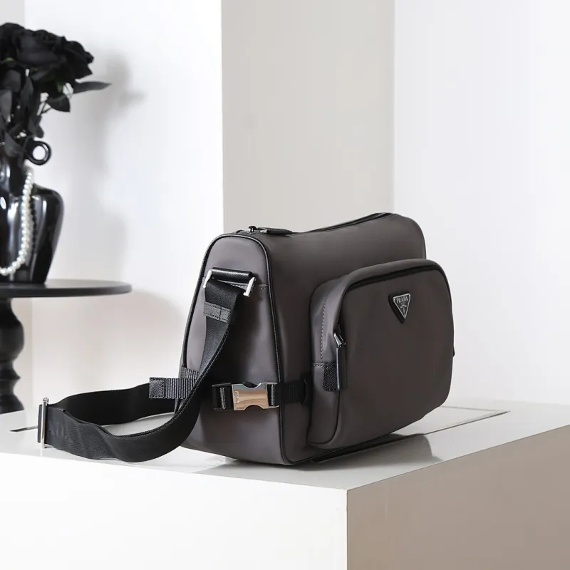 Prada Mens Dark Gray Re-Nylon Crossbody Messenger Bag with Detachable Pouch – Iconic Triangle Logo Adjustable Strap #A58757