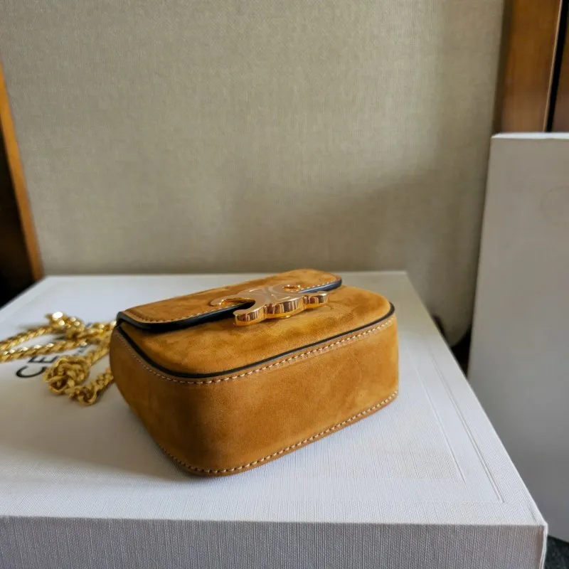 Celine Womens Mini Crossbody Bag - Tan Suede Leather, Gold-Tone Triomphe Logo Chain Strap, Luxury Compact Shoulder Bag for Fashion Enthusiasts #A56846