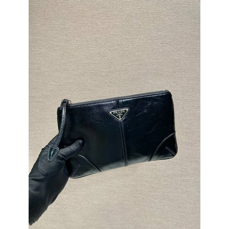 Elegant Black Prada Leather Clutch With Iconic Logo For Timeless Fashion Looks #A49962