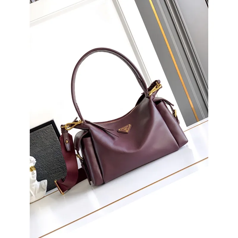 Prada Galleria Soft Shoulder Bag (2 Colors) – Burgundy/Black Leather with Gold-Tone Triangle Logo & Convertible Strap #A59180