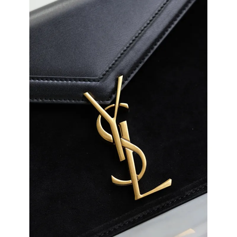 SAINT LAURENT Cassandra Envelope Crossbody Bag Set – Tan Leather-Suede & Black Velvet with Gold YSL Logo (Detachable Chain Strap) #A58773