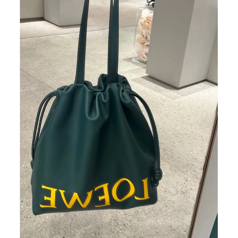 Loewe Green Leather Drawstring Tote Bag With Bold Branding For Chic Everyday Use #A50065