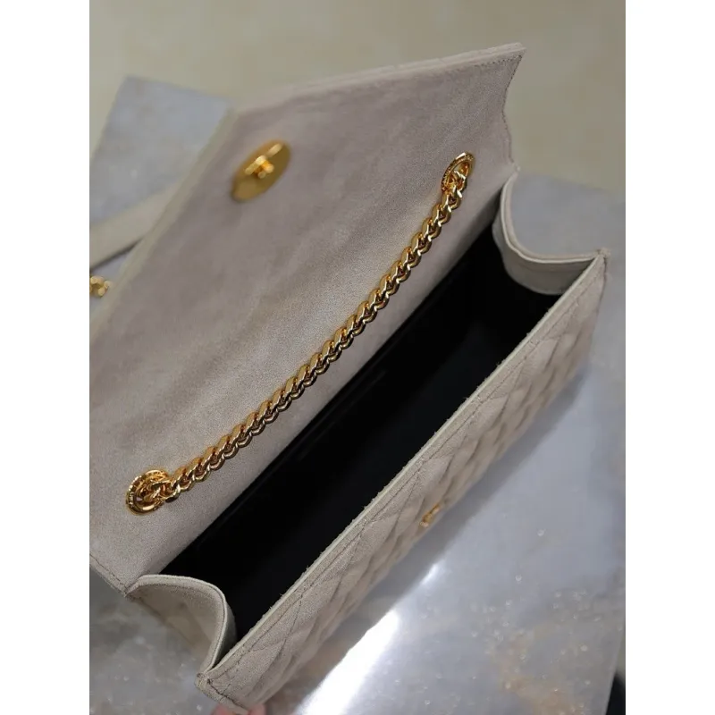 SAINT LAURENT Cassandra Envelope Crossbody Bag Set – Tan Leather-Suede & Black Velvet with Gold YSL Logo (Detachable Chain Strap) #A58774
