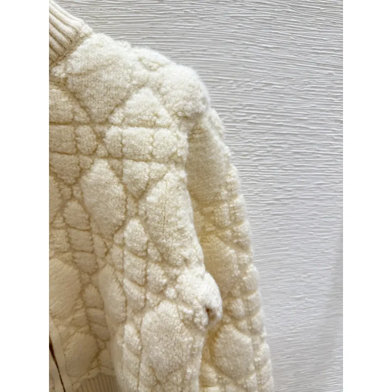 2025 D-ior Ecru Cannage Knit Cropped Zip-Up Cardigan #A54549 2025 D-ior Ecru Cannage Knit Cropped Zip-Up Cardigan #A54549