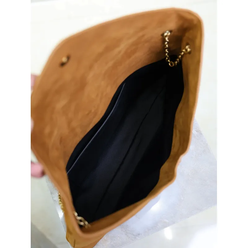 SAINT LAURENT Cassandra Large Envelope Shoulder Bag – Tan Suede with Gold YSL Logo (Detachable Chain Strap) #A58782