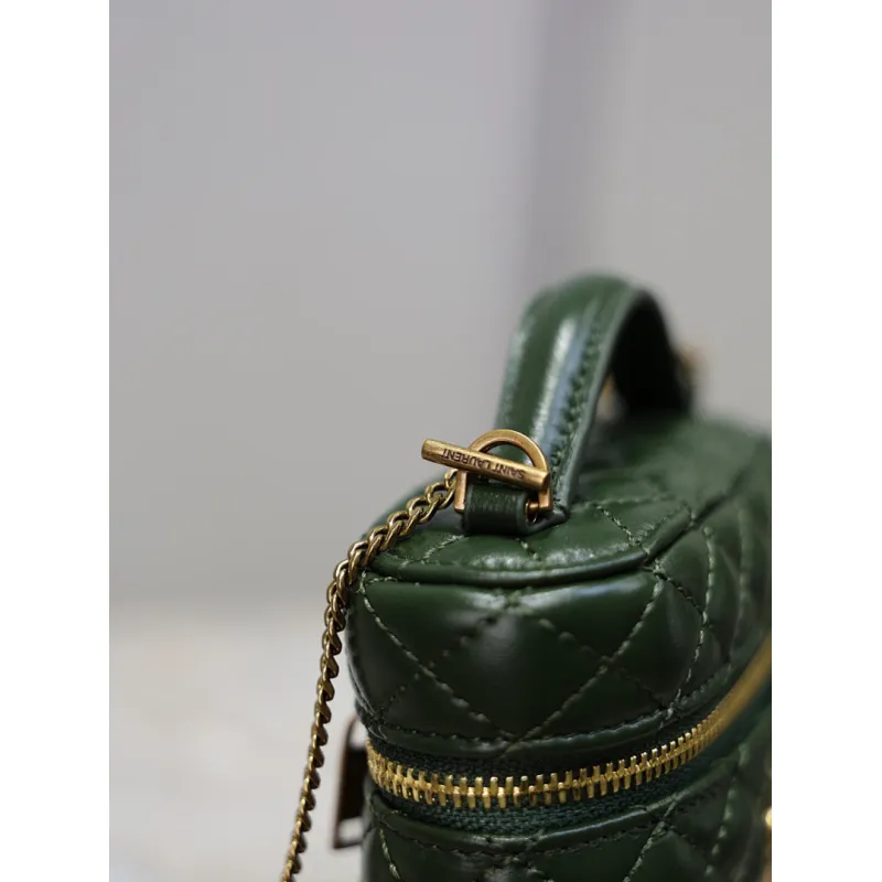 Saint Laurent 819285 GABY Mini Chain Cosmetic Bag - Dark Green Quilted Leather with Detachable Strap #A59505