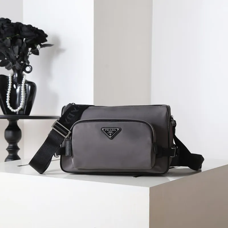 Prada Mens Dark Gray Re-Nylon Crossbody Messenger Bag with Detachable Pouch – Iconic Triangle Logo Adjustable Strap #A58757