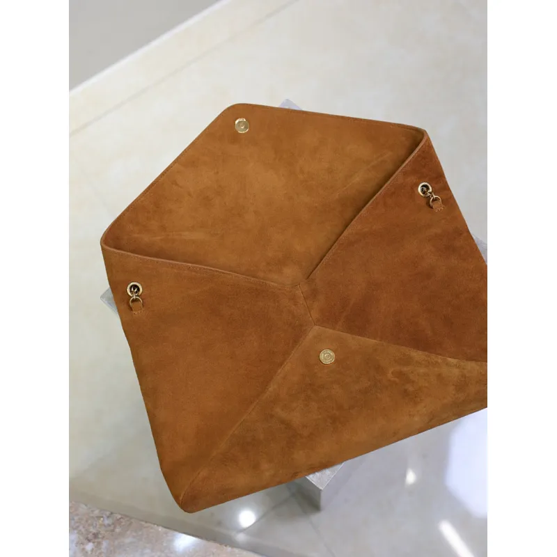 SAINT LAURENT Cassandra Large Envelope Shoulder Bag – Tan Suede with Gold YSL Logo (Detachable Chain Strap) #A58782