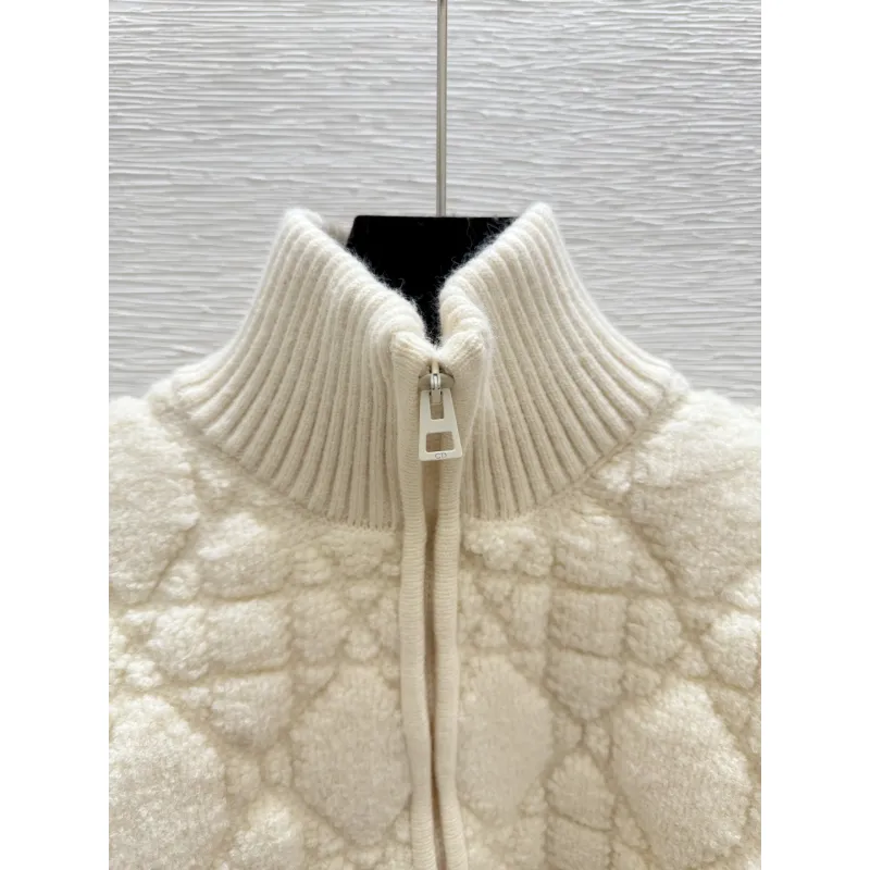 2025 D-ior Ecru Cannage Knit Cropped Zip-Up Cardigan #A54549 2025 D-ior Ecru Cannage Knit Cropped Zip-Up Cardigan #A54549