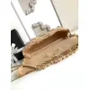 Chanel Womens Evening Bag - Beige Textured Fabric with Fringe Details, Gold-Tone CC Logo & Chain Strap, Luxury Clutch for Elegant Occasions #A56743