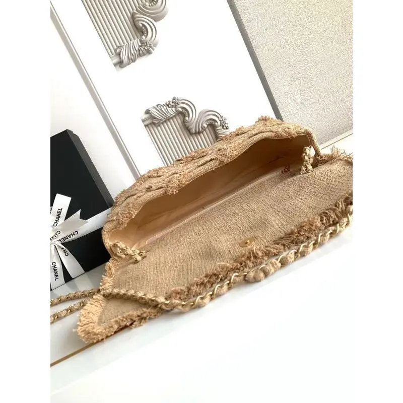 Chanel Womens Evening Bag - Beige Textured Fabric with Fringe Details, Gold-Tone CC Logo & Chain Strap, Luxury Clutch for Elegant Occasions #A56743