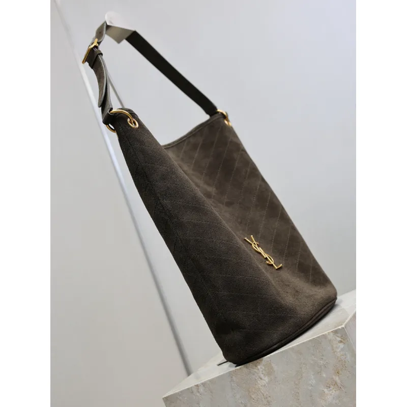 Saint Laurent 844346 Niki Series Suede Bucket Bag - Dark Brown with LE CASSANDRE Logo #A59503 Saint Laurent 844346 Niki Series Suede Bucket Bag - Dark Brown with LE CASSANDRE Logo #A59503
