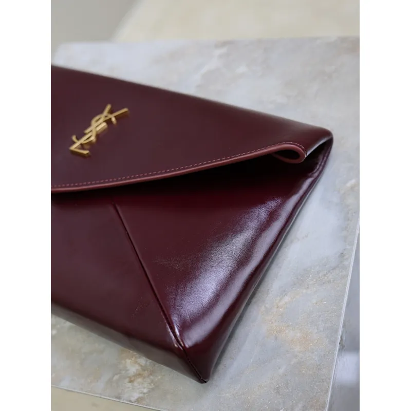 SAINT LAURENT Cassandra Envelope Clutch – Burgundy Smooth Leather with Gold YSL Logo (Detachable Chain Strap) #A58784
