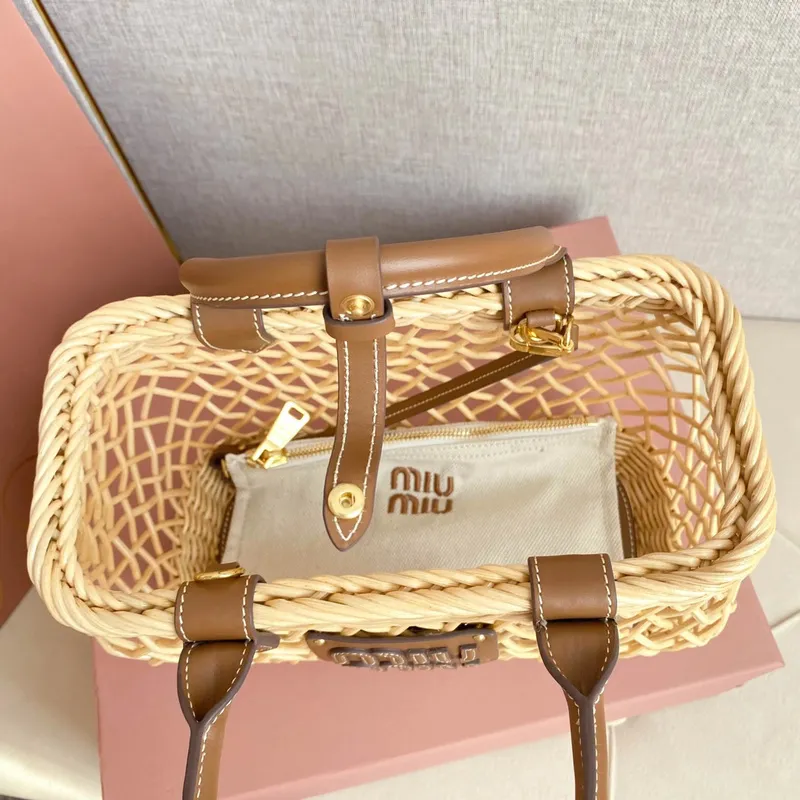 Miu Miu Woven Rattan Handbag With Leather Trim And Brand Plaque #A50907