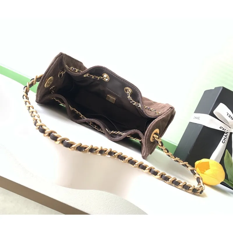 Chanel Mini Suede Bucket Bag  Retro Coin Button  Drawstring  Quilted  Classic Chain #A60143