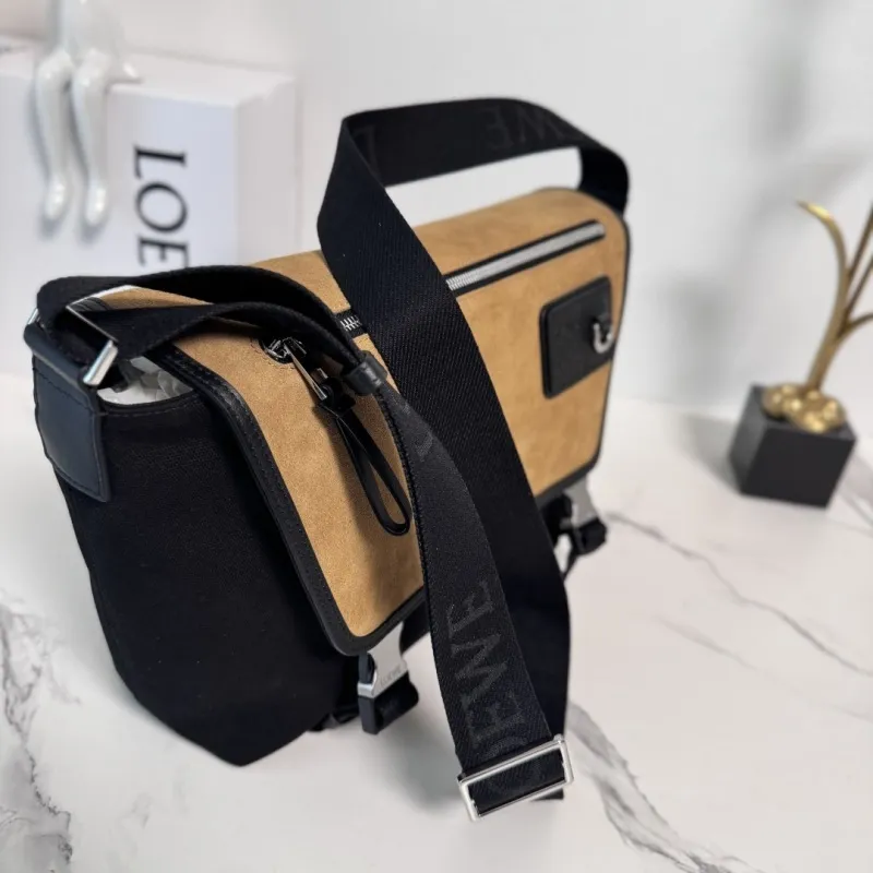 Loewe Mens Messenger Bag - Black Canvas & Tan Suede, Signature Anagram Logo, Versatile Crossbody for Urban Style #A56736