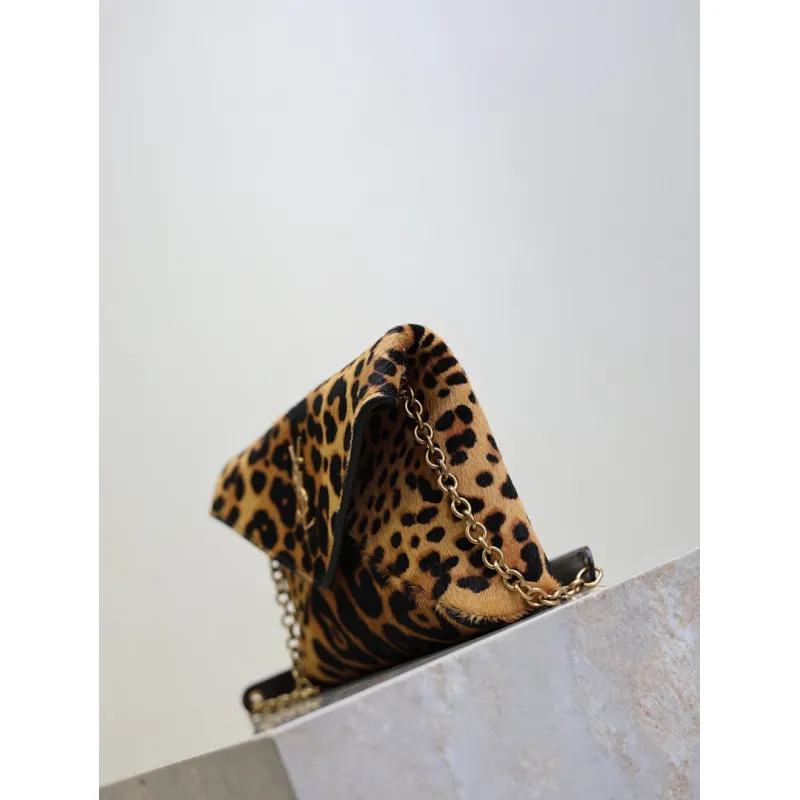 SAINT LAURENT Cassandra Envelope Crossbody Clutch – Leopard-Print Haircalf with Gold YSL Logo (Detachable Chain Strap) #A58783