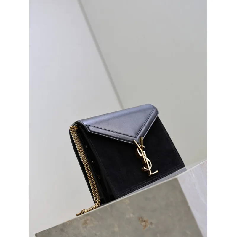 SAINT LAURENT Cassandra Envelope Crossbody Bag Set – Tan Leather-Suede & Black Velvet with Gold YSL Logo (Detachable Chain Strap) #A58773