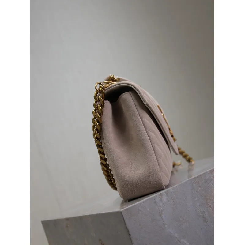 SAINT LAURENT Loulou Small Envelope Crossbody Bag – Blush Suede with Chevron Quilt & Gold YSL Logo (Detachable Chain Strap) #A58780 SAINT LAURENT Loulou Small Envelope Crossbody Bag – Blush Suede with Chevron Quilt & Gold YSL Logo (Detachable Chain Strap) #A58780