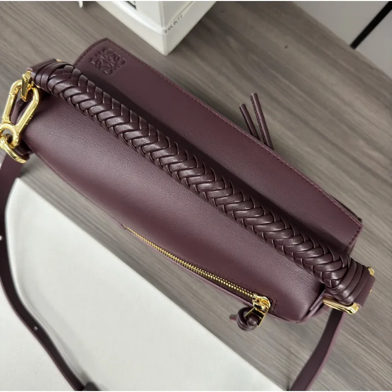 Loewe - Inspired Burgundy Leather Bag With Braided Handle And Geometric Design #A50977