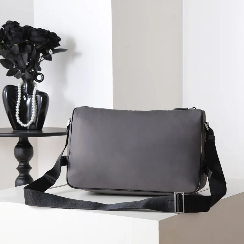 Prada Mens Dark Gray Re-Nylon Crossbody Messenger Bag with Detachable Pouch – Iconic Triangle Logo Adjustable Strap #A58757