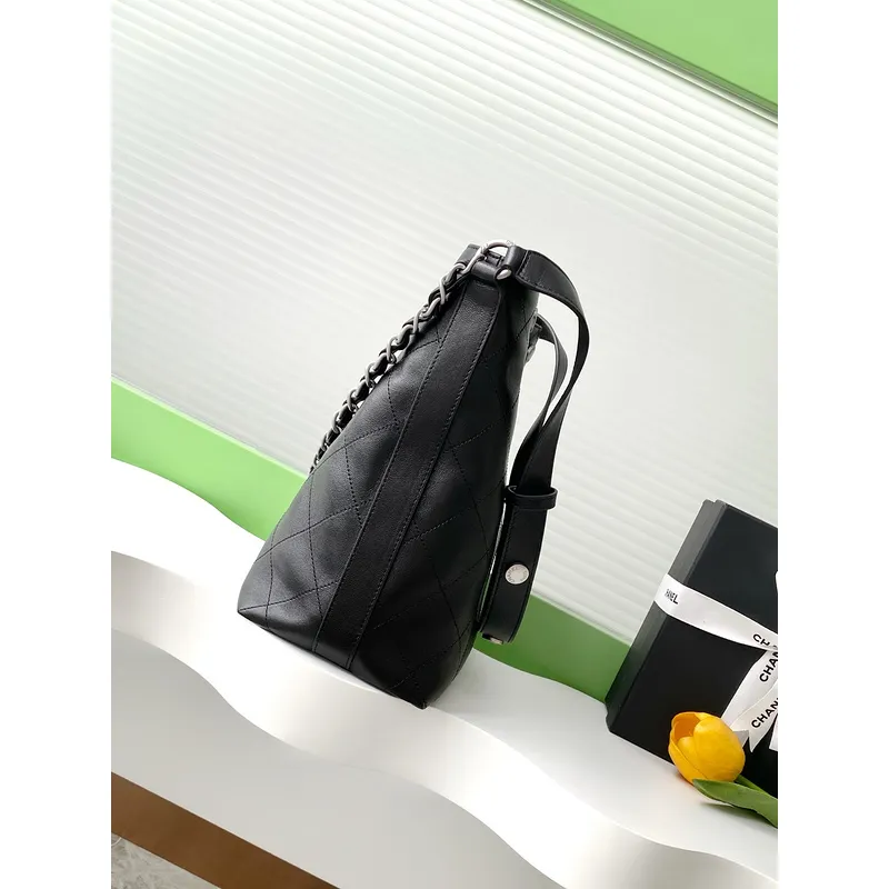 Chanel Black Quilted Leather Bucket Bag With Chain And Logo Accents #A50981