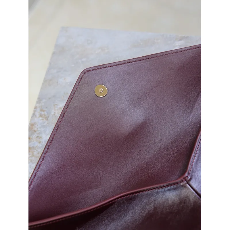 SAINT LAURENT Cassandra Envelope Clutch – Burgundy Smooth Leather with Gold YSL Logo (Detachable Chain Strap) #A58784
