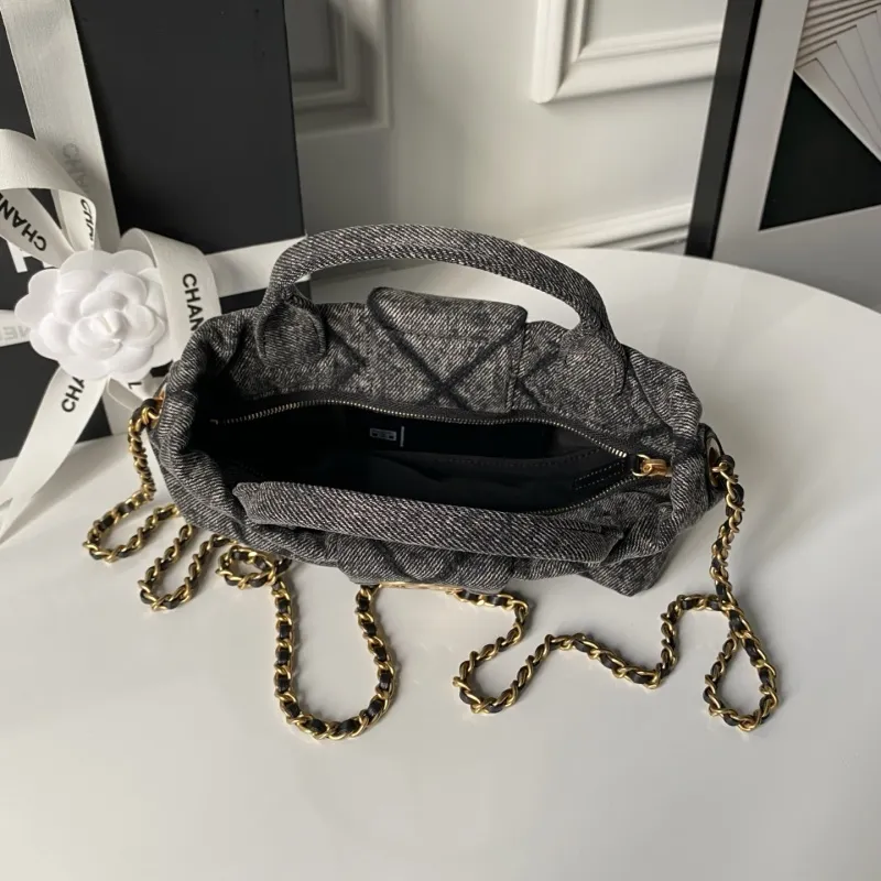 Chanel Womens Top Handle Bag - Gray Textured Fabric with Quilted Design, Gold-Tone CC Logo & Chain Strap, Luxurious Handbag for Fashion-Forward Style #A56746