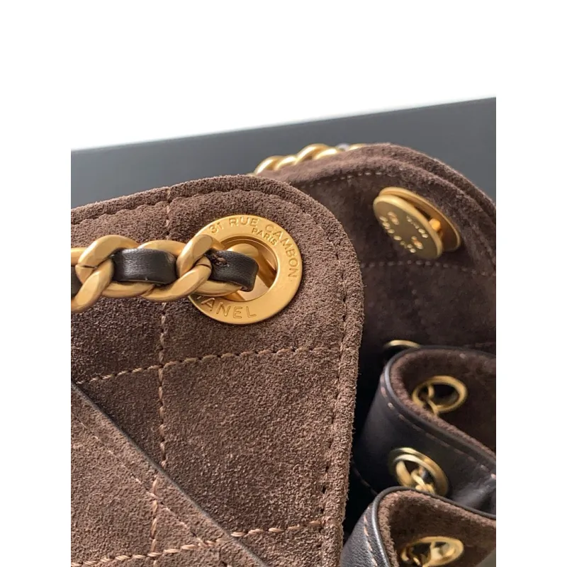 Chanel Mini Suede Bucket Bag  Retro Coin Button  Drawstring  Quilted  Classic Chain #A60143