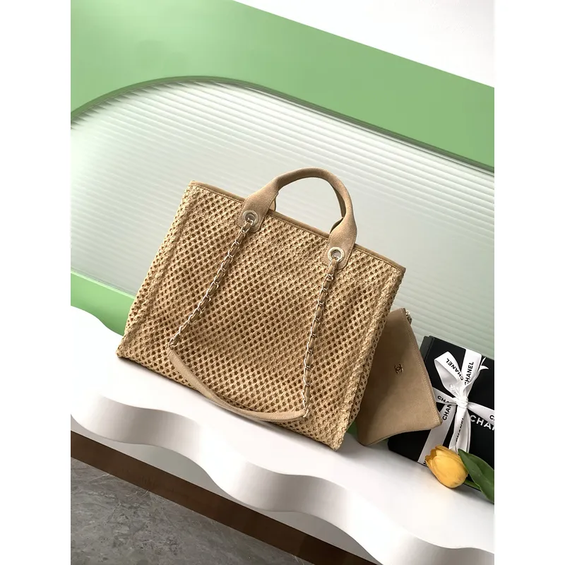 Chanel Woven Tote Textured Raffia Signature Logo &amp Chain Embracing Summer Elegance size38 #A54203