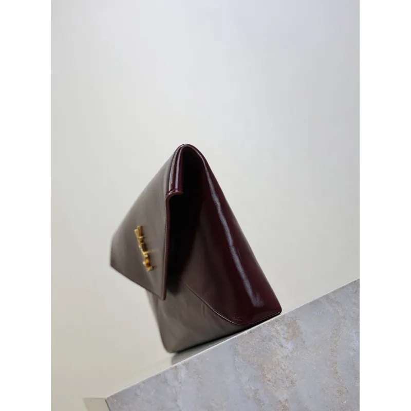SAINT LAURENT Cassandra Envelope Clutch – Burgundy Smooth Leather with Gold YSL Logo (Detachable Chain Strap) #A58784