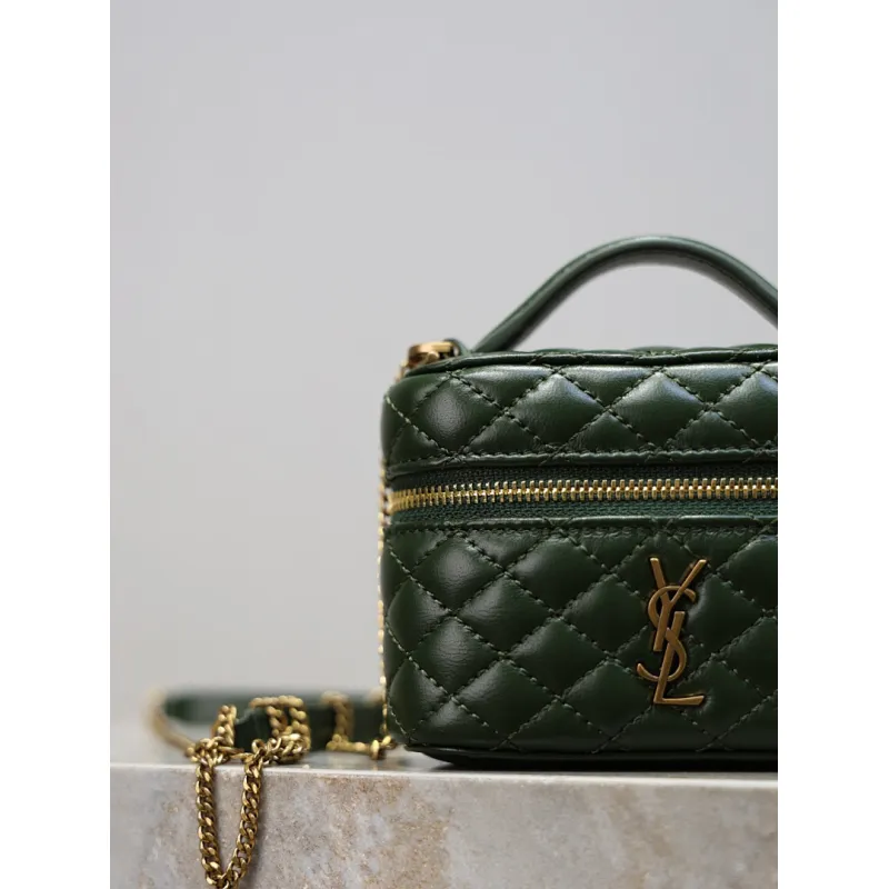 Saint Laurent 819285 GABY Mini Chain Cosmetic Bag - Dark Green Quilted Leather with Detachable Strap #A59505