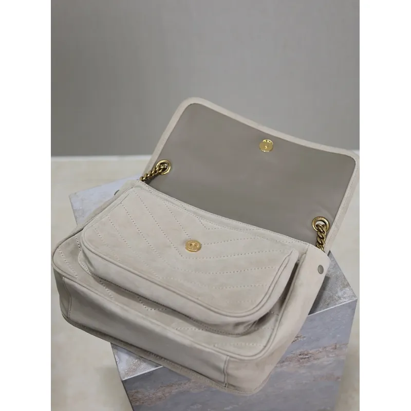 SAINT LAURENT Loulou Medium Shoulder Bag – Light Beige Suede with Chevron Quilt & Tone-On-Tone YSL Logo (Convertible Chain Strap) #A58775