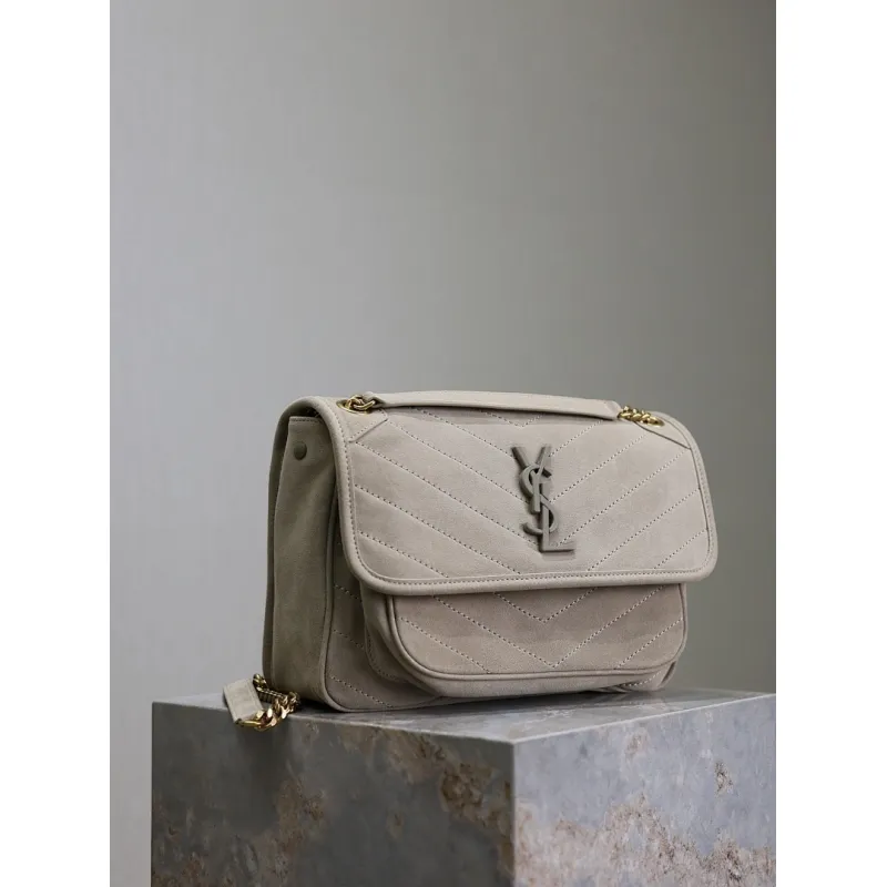 SAINT LAURENT Loulou Medium Shoulder Bag – Light Beige Suede with Chevron Quilt & Tone-On-Tone YSL Logo (Convertible Chain Strap) #A58775