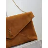 SAINT LAURENT Cassandra Large Envelope Shoulder Bag – Tan Suede with Gold YSL Logo (Detachable Chain Strap) #A58782